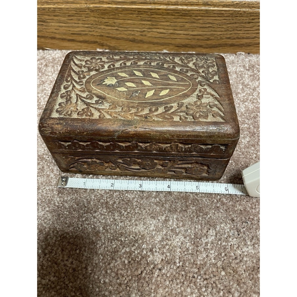 VTG Wooden Hand Carved Jewelry Trinket Box Hinged Lid Made India Inlaid Felt 70 - Picture 2 of 10